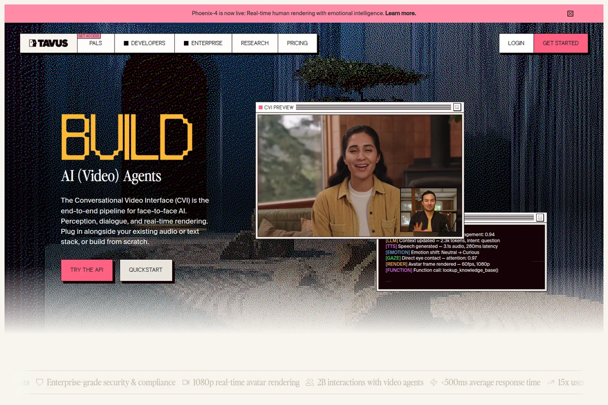 Tavus CVI preview displaying an AI video agent speaking, with real-time technical logs and a modern pixelated interface.
