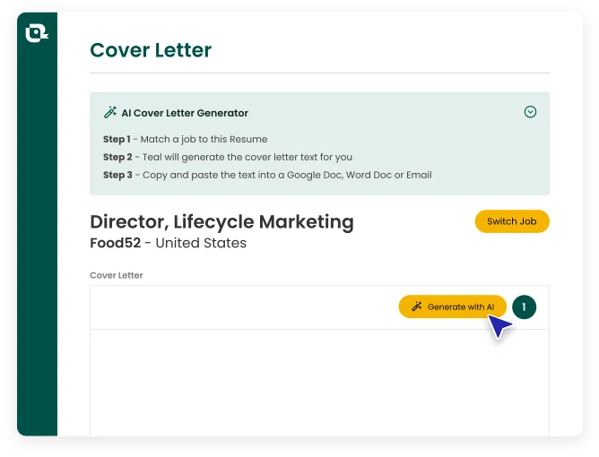 Teal AI Cover Letter Generator showing steps for creating a personalized cover letter with a clean, modern UI.