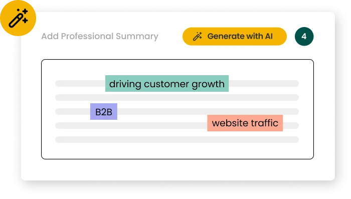 Teal AI summary generator showing keywords 'driving customer growth', 'B2B', 'website traffic' in a clean light-mode interface.