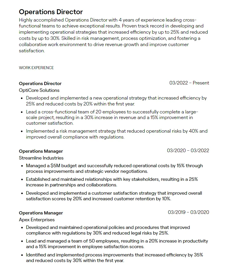 Teal output sample showing an Operations Director's resume with professional formatting.