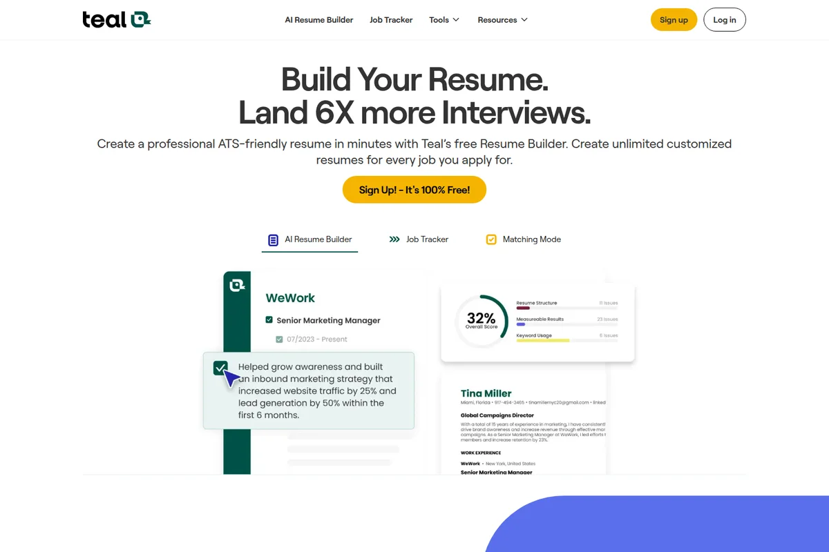 Teal AI Resume Builder homepage showing interactive resume building with an overall score and feature highlights in a clean interface.