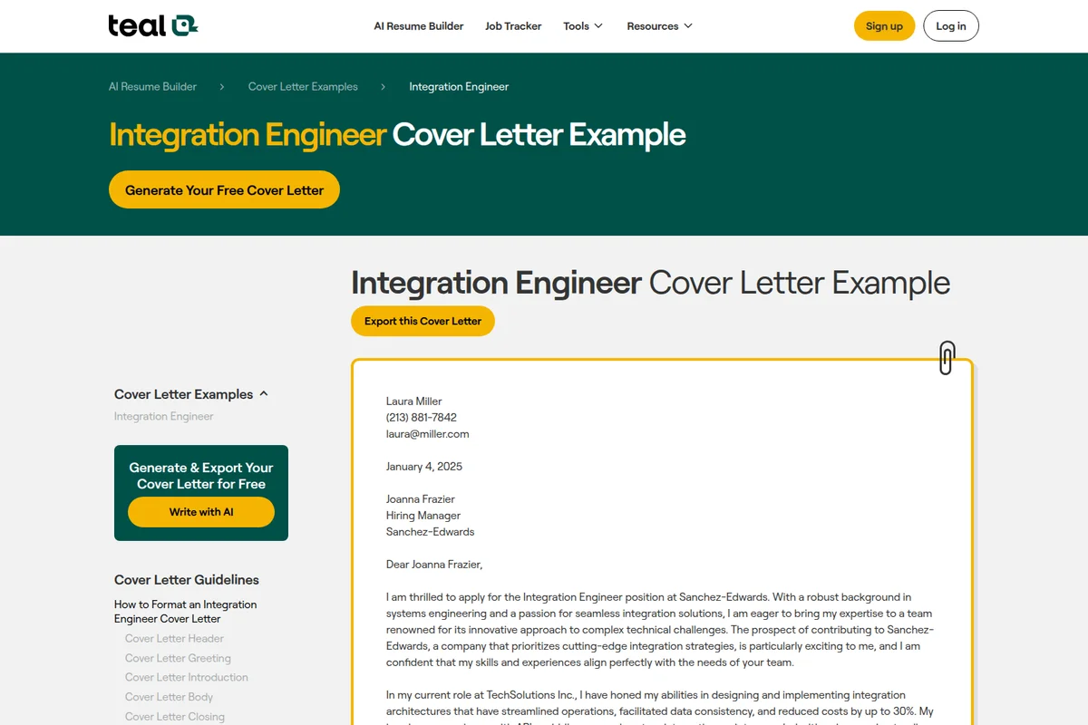 Teal's Integration Engineer Cover Letter Example page showing a generated cover letter within a clean, modern UI.