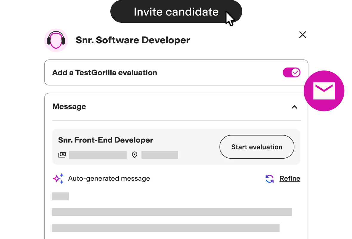 TestGorilla invitation panel demonstrating adding a TestGorilla evaluation to a candidate in a clean white interface.