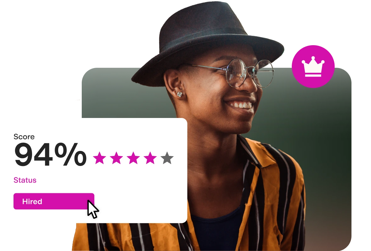 TestGorilla candidate assessment feature showing a high score of 94% and 'Hired' status with a modern UI and a smiling person.