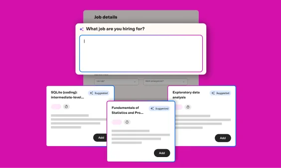 TestGorilla feature deep-dive showing job details input and AI-suggested skill assessments in a clean, modern interface.