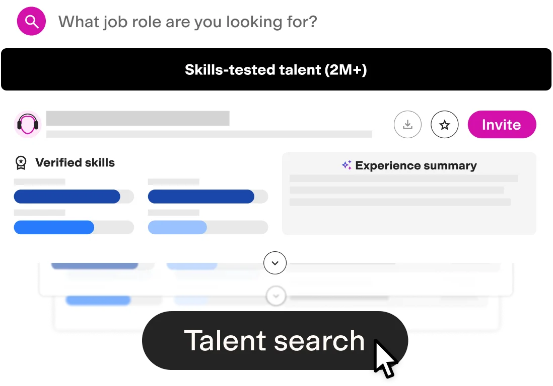 TestGorilla workspace UI showing a talent search interface with results displaying verified skills and experience summaries.