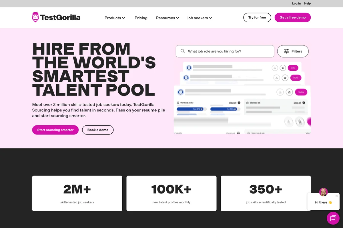 TestGorilla talent sourcing landing page showcasing a search interface for job roles, filters, and blurred candidate profiles with skill data.