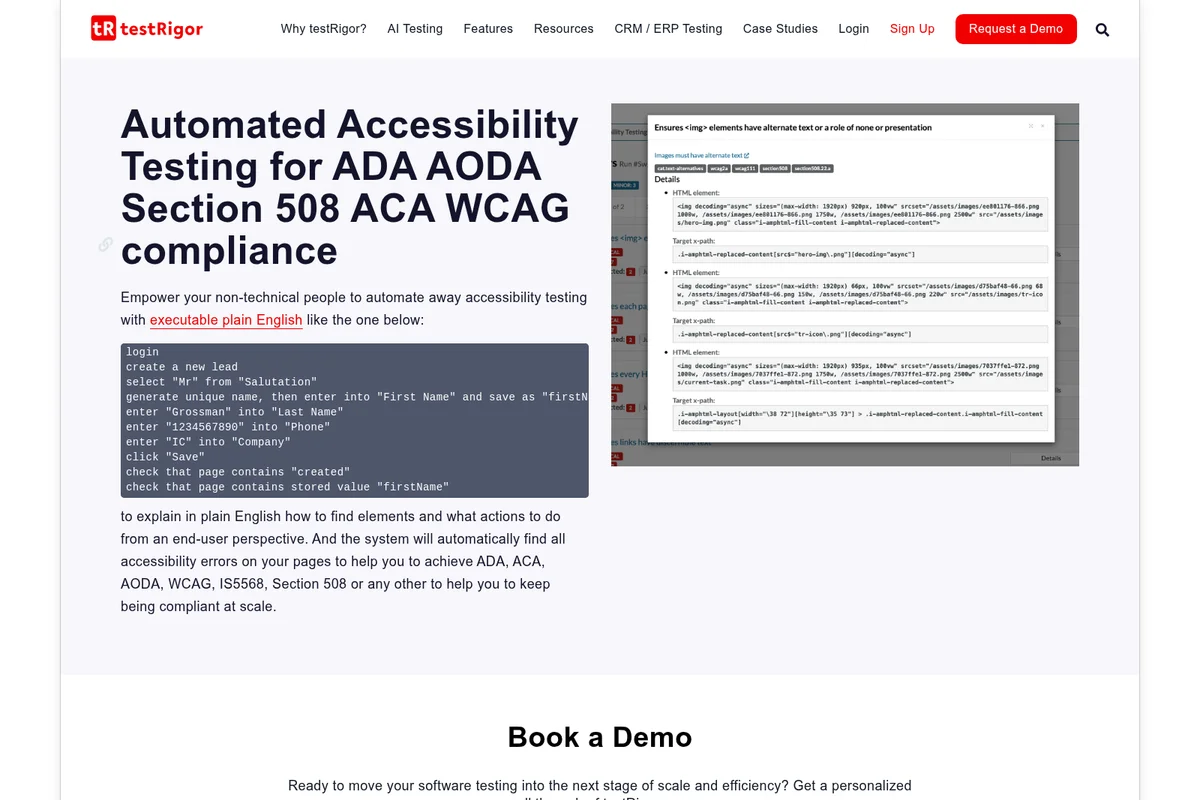 testRigor feature deep-dive showing plain English test script and accessibility audit report with a clean, detailed interface.