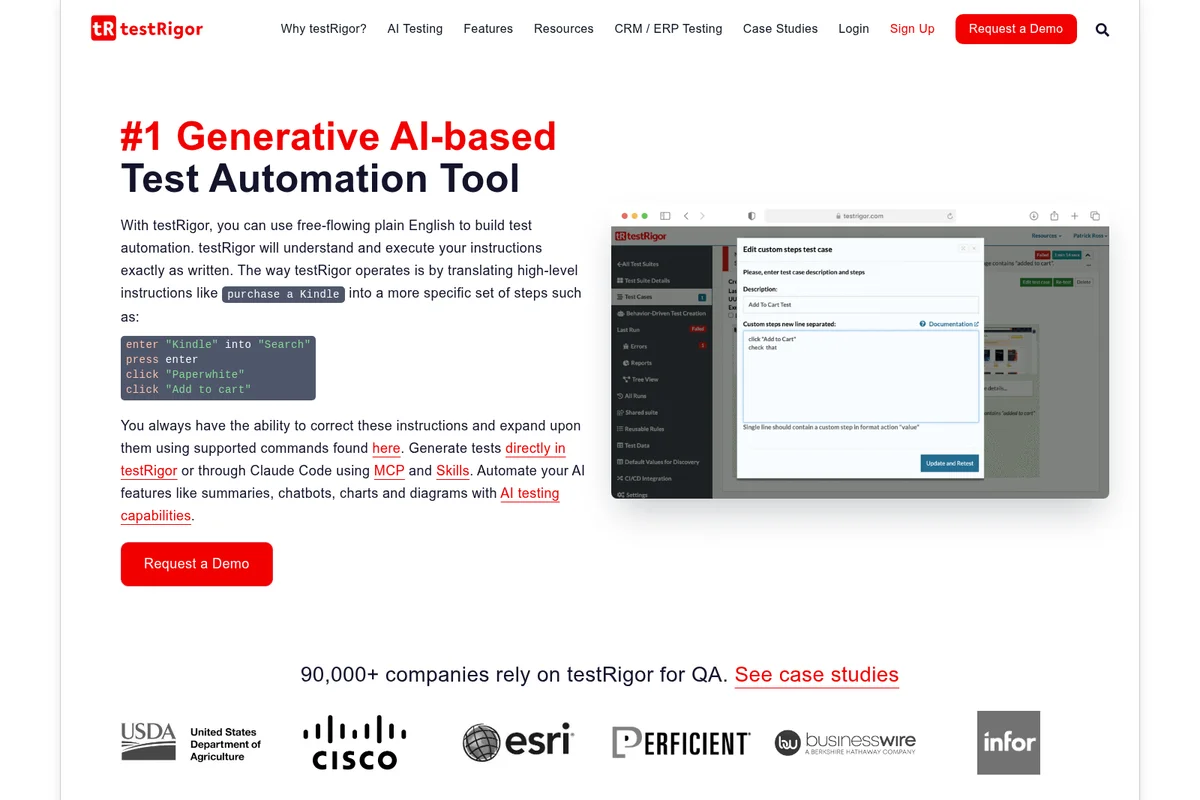 TestRigor homepage showcasing generative AI test automation with a plain English input example and UI for editing test steps.