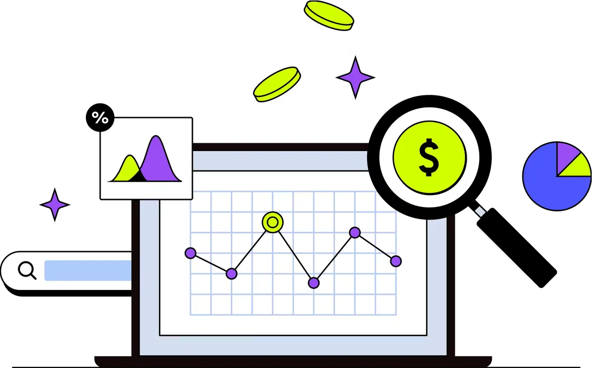ThoughtSpot feature illustration showing financial data analysis with a line graph, statistical chart, and search bar, all in a vibrant, modern graphic style.