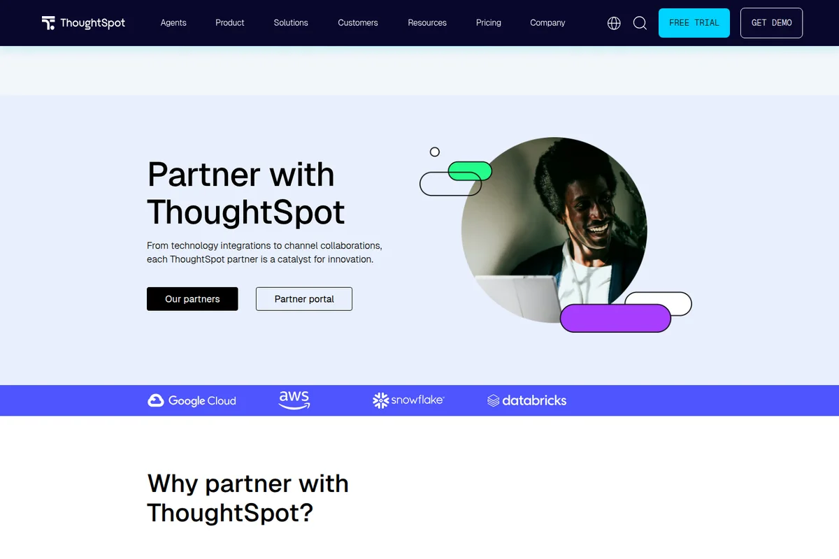 ThoughtSpot partners page showing a smiling professional working on a laptop, with abstract design elements, and logos of Google Cloud, AWS, Snowflake, and Databricks.