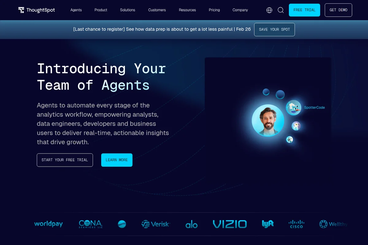 ThoughtSpot landing page hero section introducing AI agents with a dark-themed glowing interface.