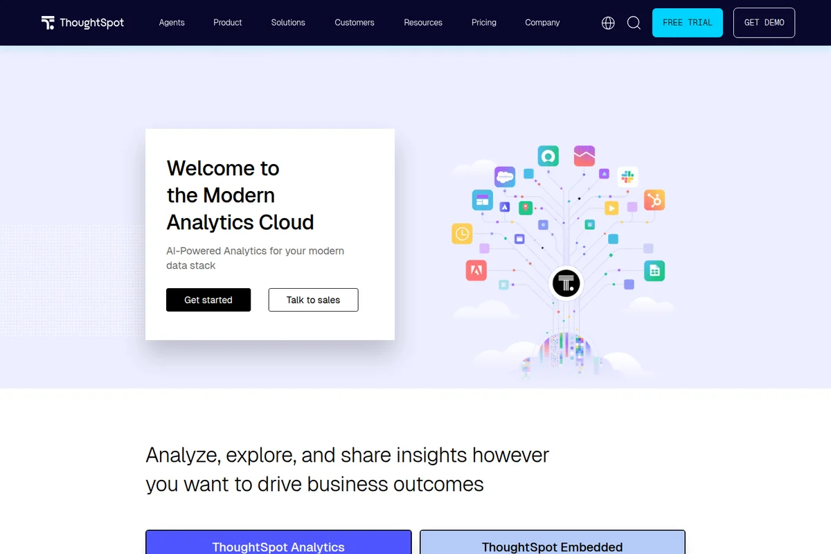 ThoughtSpot homepage showing the modern analytics cloud concept with a vibrant data integration graphic.