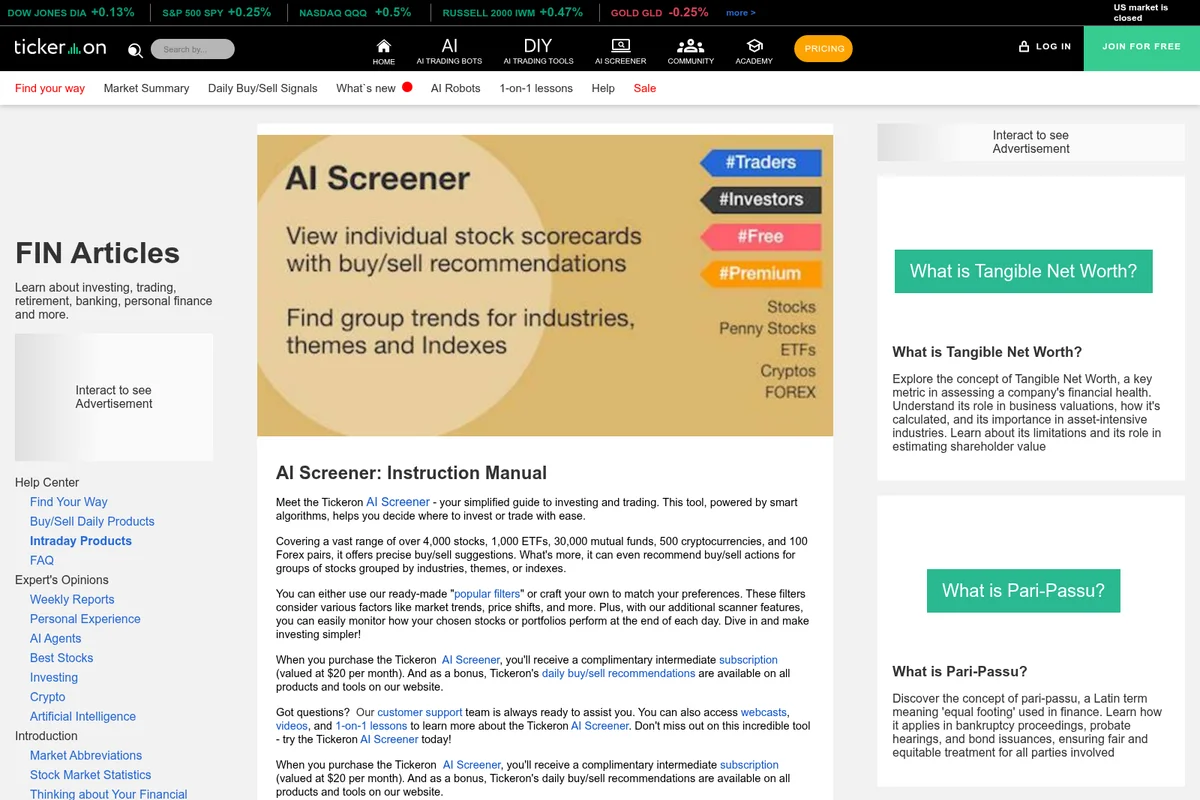 Tickeron AI Screener instruction manual page showing its stock analysis capabilities for various asset types with a clean, informative graphic.