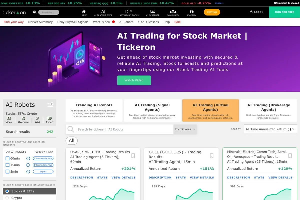 Tickeron AI Robots workspace showing browsing AI trading agents and their annualized returns in a modern purple-themed interface.