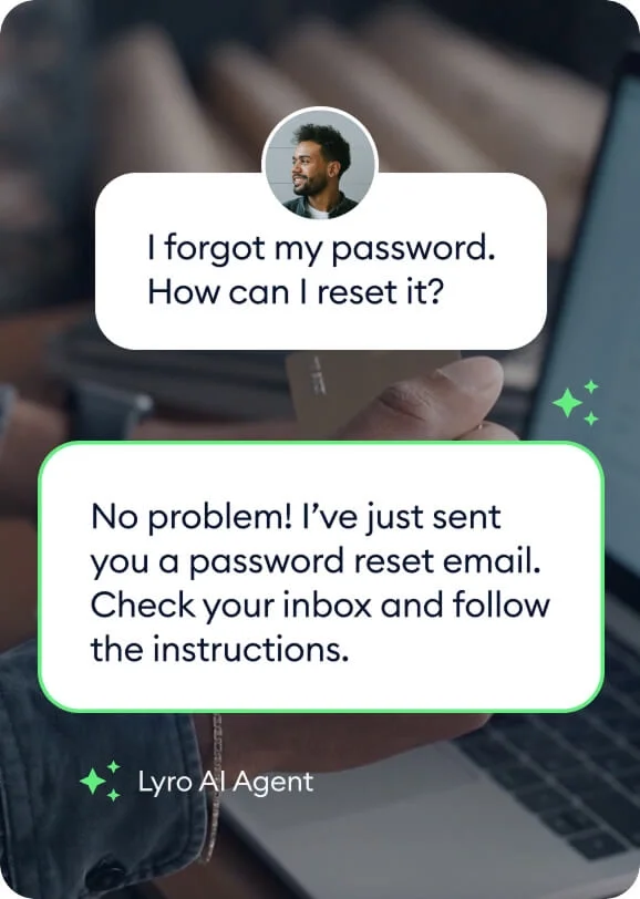 Tidio AI chatbot showing a user requesting a password reset, with the Lyro AI Agent sending a reset email in a clean chat interface.