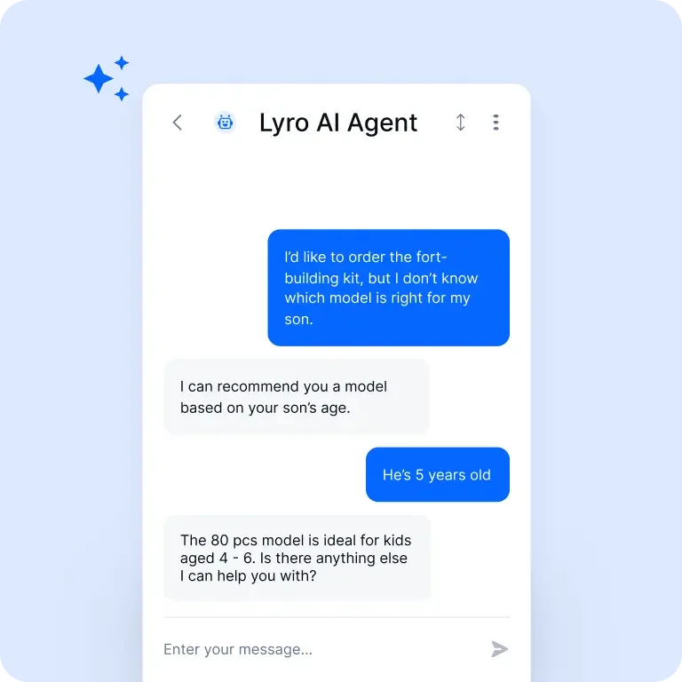 Lyro AI Agent chat interface demonstrating AI product recommendations based on a child's age in a clean, responsive design.