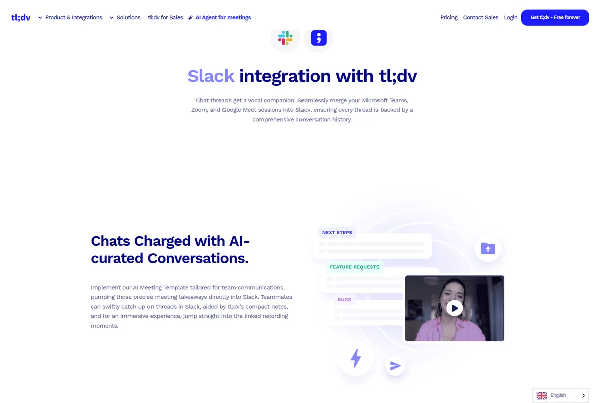 tl;dv Slack integration showing AI-curated conversation summaries and next steps with a modern light interface.