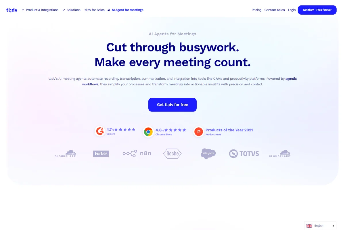 tl;dv AI Agents for Meetings landing page showing its value proposition and social proof with a clean, modern design.