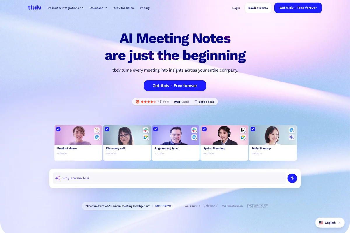 tl-dv homepage screenshot showcasing AI meeting notes and example meeting recordings with a modern, clean interface.
