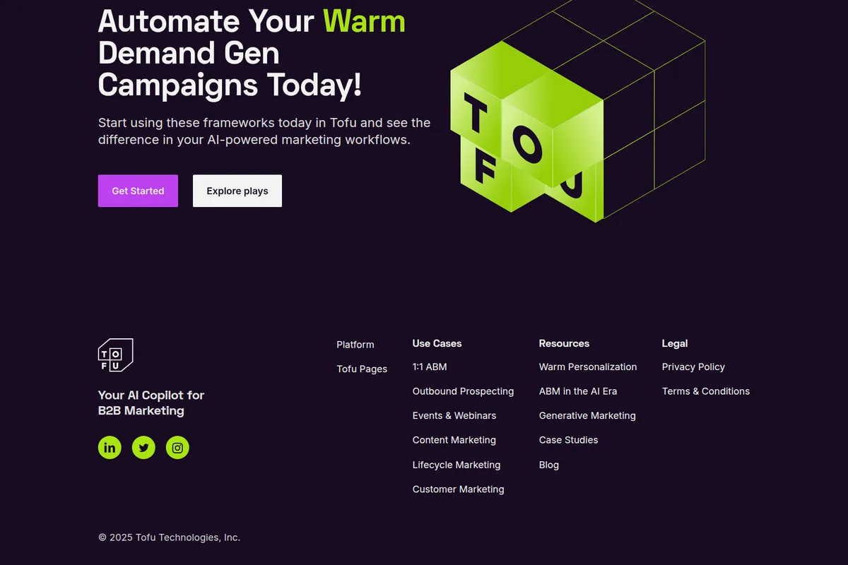 Tofu landing page hero promoting warm demand gen automation with a dark-mode interface and a lime green 3D TOFU graphic.