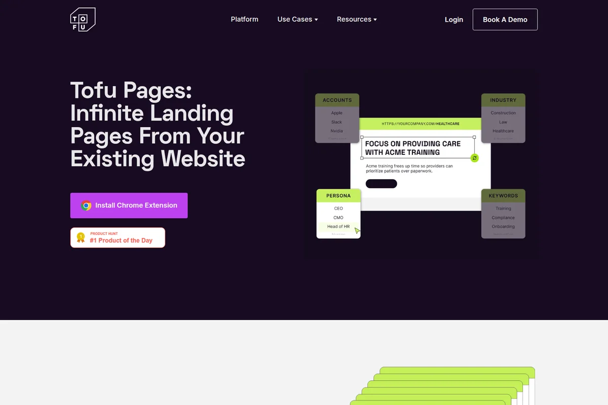 Tofu Pages landing page demonstrating dynamic content personalization for infinite landing pages with a dark-themed UI.