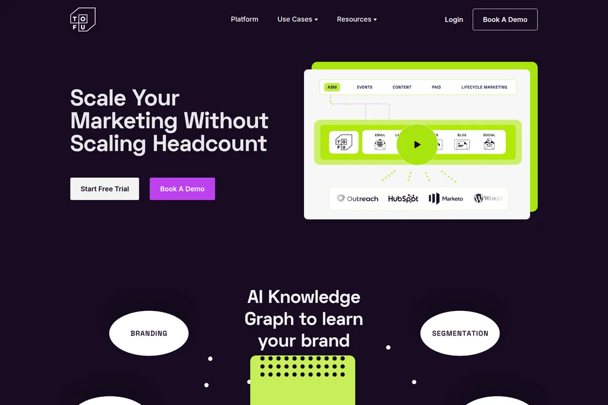 Tofu landing page hero showing a marketing workflow diagram with integrations like HubSpot and an AI knowledge graph on a dark-mode interface.