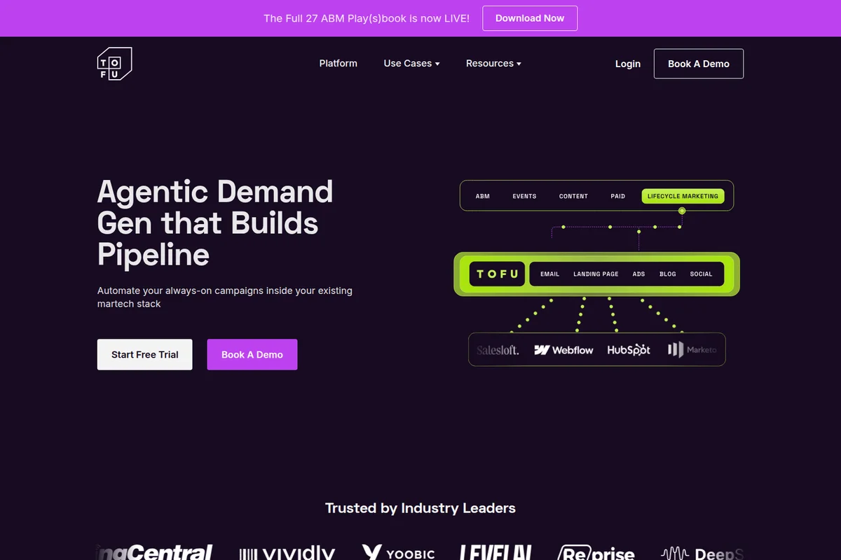 Tofu homepage showing agentic demand generation pipeline automation with a dark-mode and neon green accented interface.