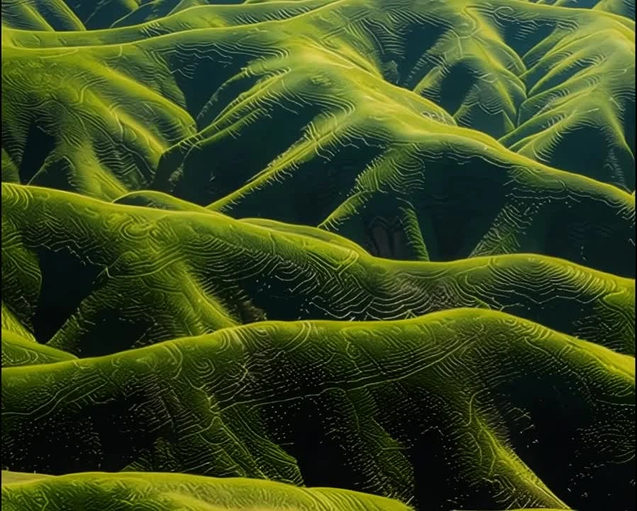 Topaz Photo AI output sample displaying vibrant green hills with intricate, AI-enhanced textural patterns.