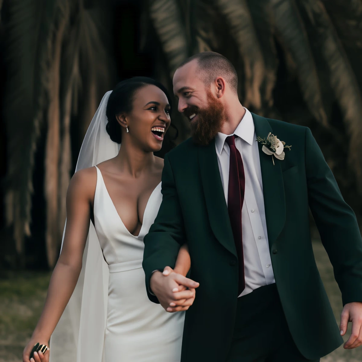 Topaz Photo AI enhanced photo showing a joyful wedding couple holding hands with rich detail and clarity.