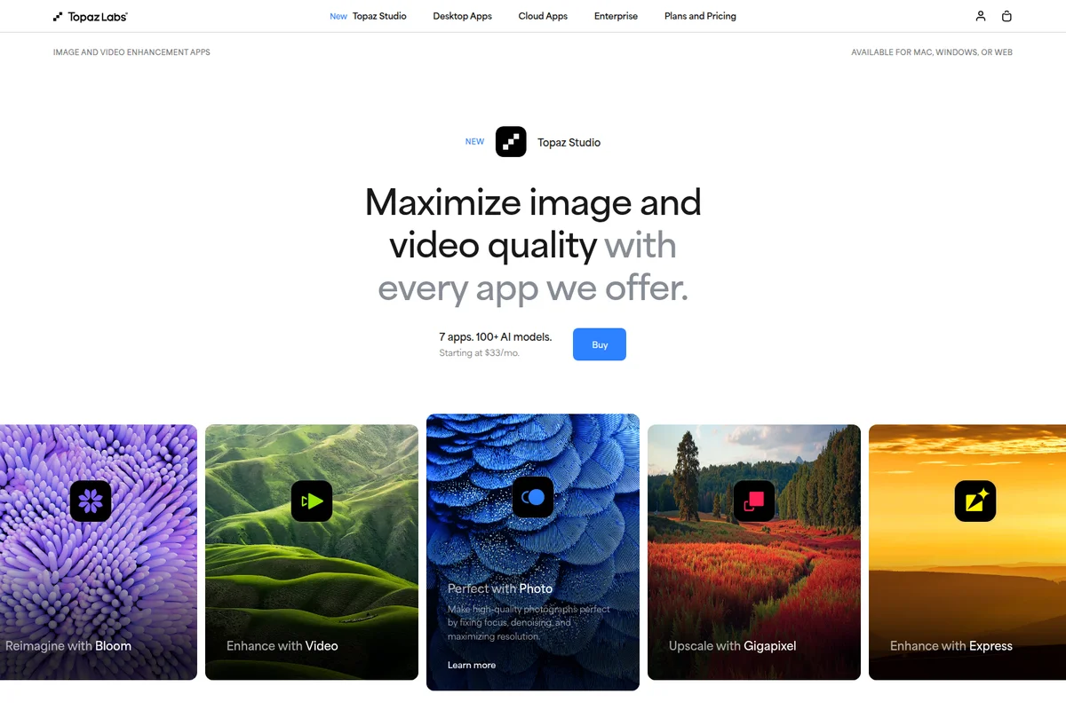 Topaz Labs Studio landing page showcasing image and video quality enhancement apps with modern UI and app previews.