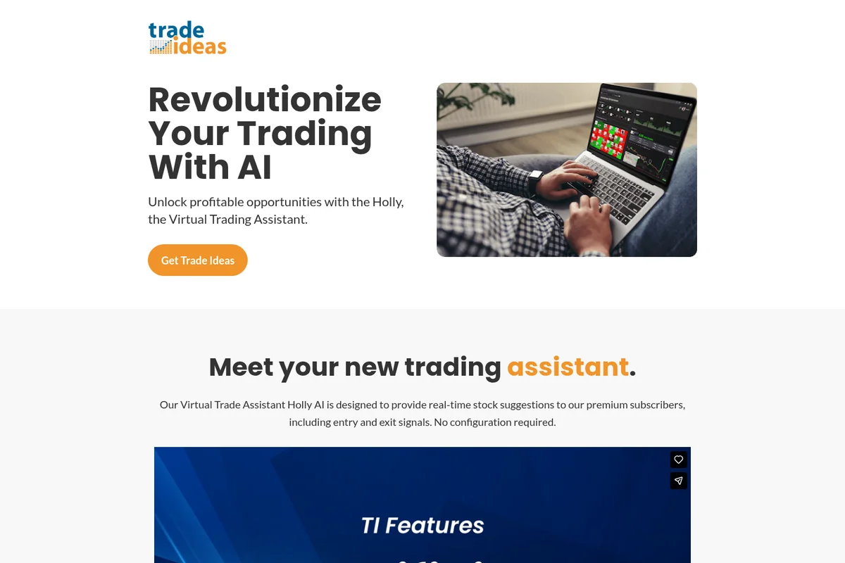 Trade Ideas landing page showing a user interacting with the AI virtual trading assistant's modern interface on a laptop.