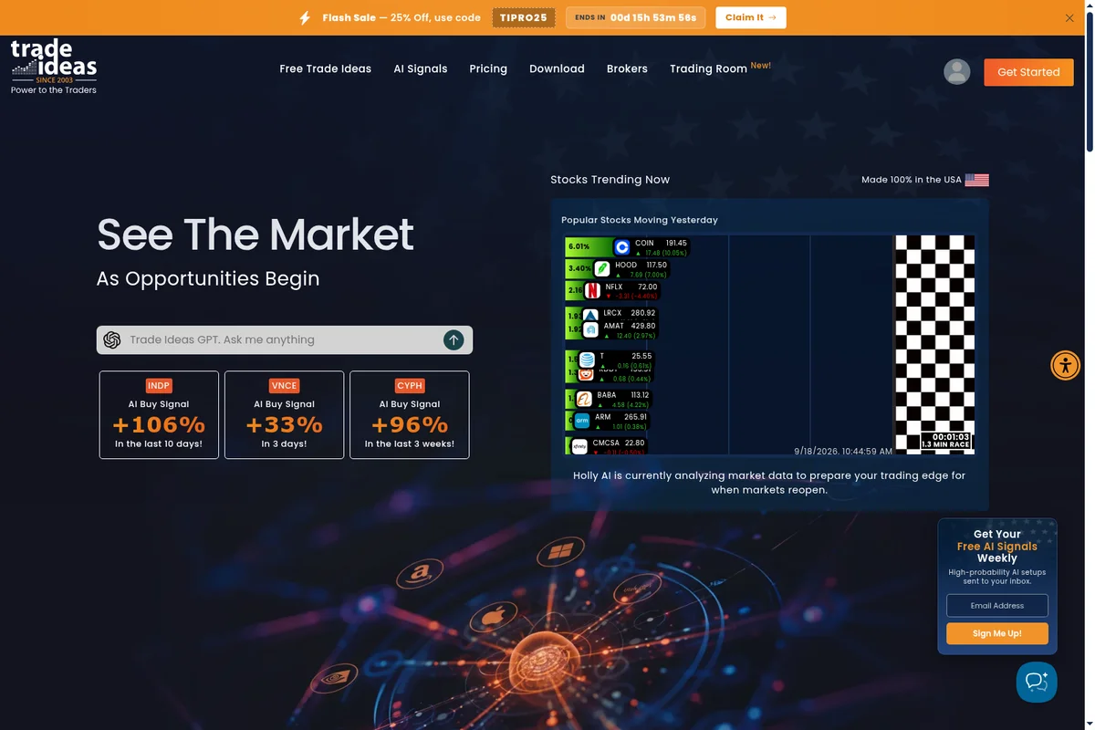 Trade Ideas homepage featuring AI-powered stock market analysis with a dark theme interface.