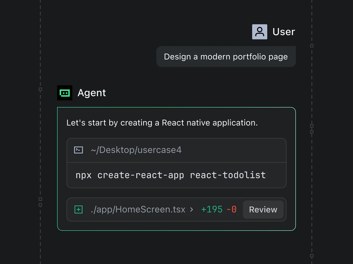 Trae AI agent workspace showing React Native app creation and code changes in a dark theme.