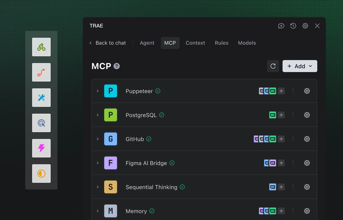 TRAE workspace showing the MCP (Master Control Program) panel with enabled agent capabilities like Puppeteer, PostgreSQL, and GitHub in a dark theme interface.