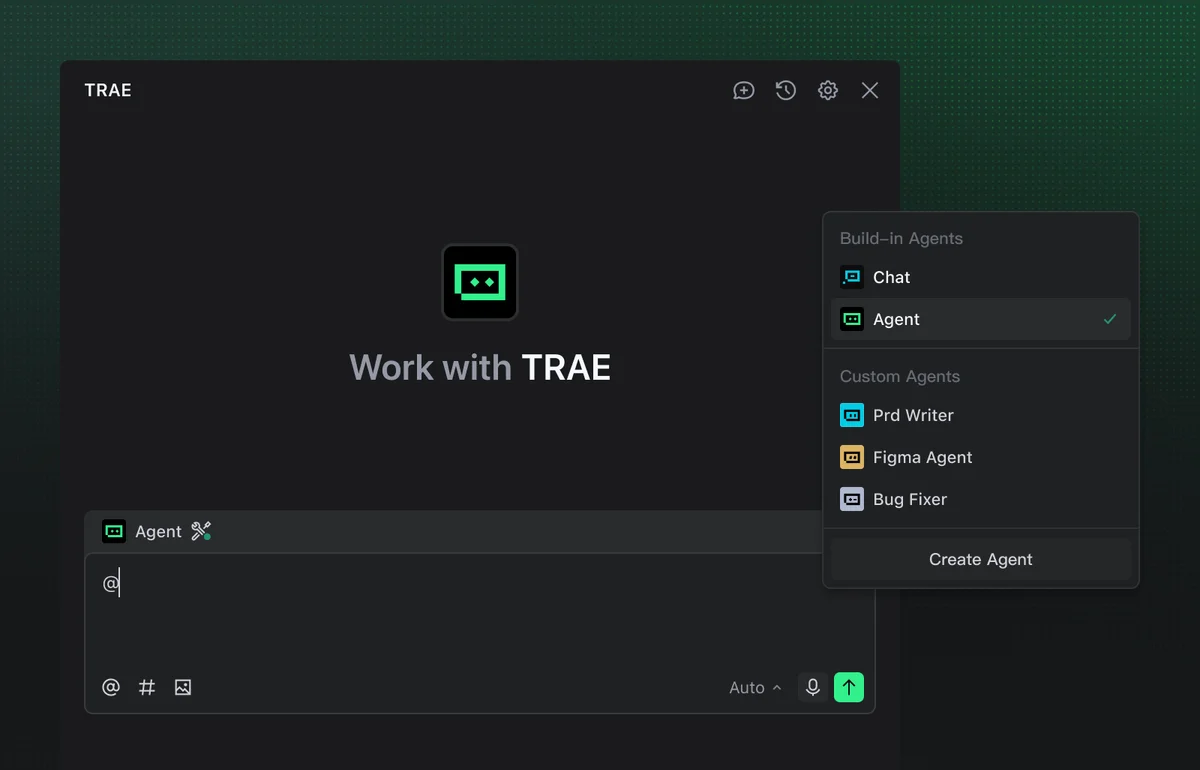 TRAE workspace UI showing agent selection and chat input with a dark-mode interface.