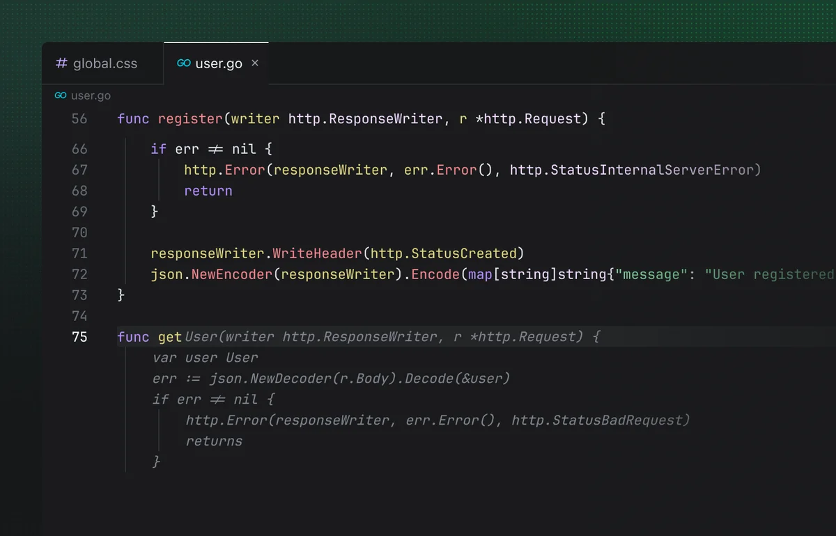 trae code editor displaying Go language source code for user registration and retrieval API endpoints in a dark-mode interface.