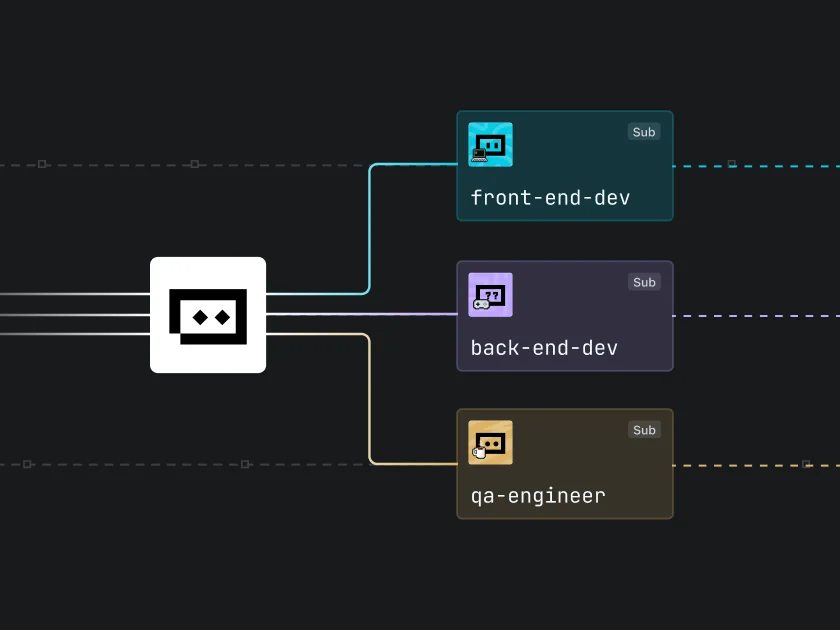 trae workflow editor showing connections between front-end, back-end, and QA engineering roles with a dark-mode node-based interface.