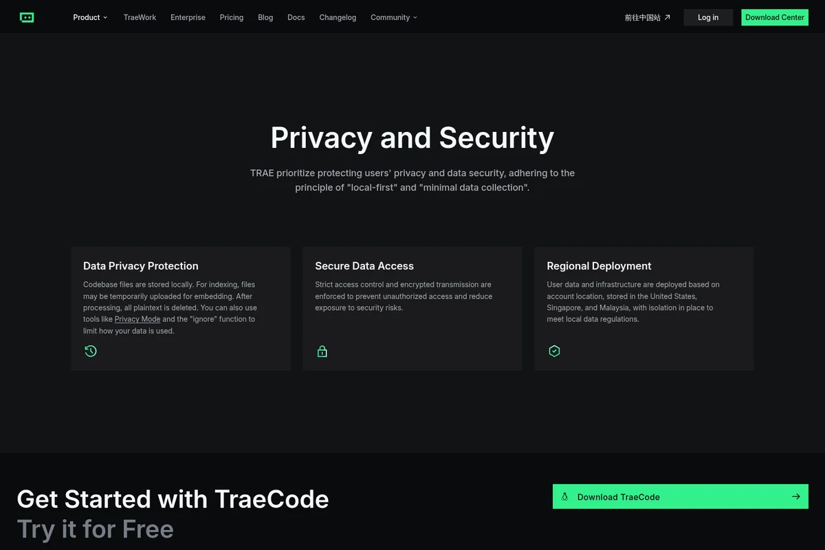 TraeCode feature page detailing privacy and security policies with a dark-mode clean interface.
