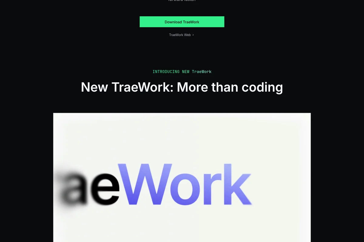 TraeWork announcement page introducing 'New TraeWork: More than coding' with download button and animated logo on a dark theme.