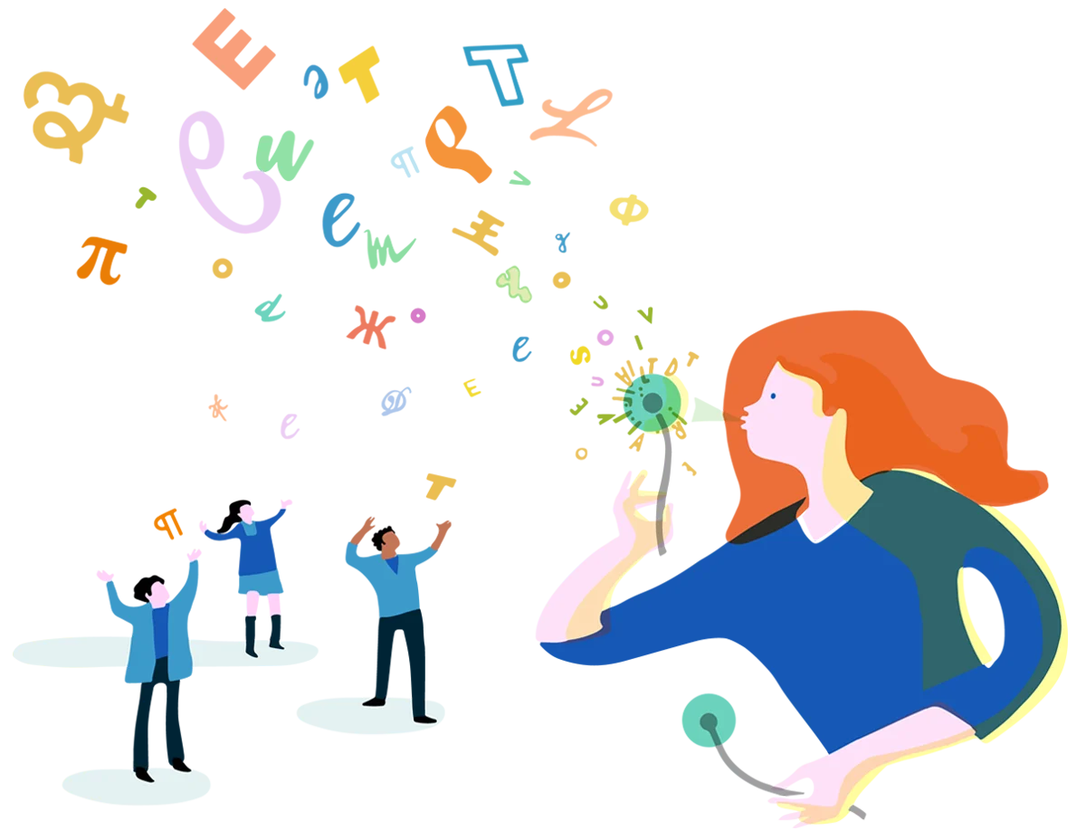 translated landing-hero illustration showing a woman blowing dandelion seeds that transform into colorful language and mathematical symbols, received by people below, on a dark background.