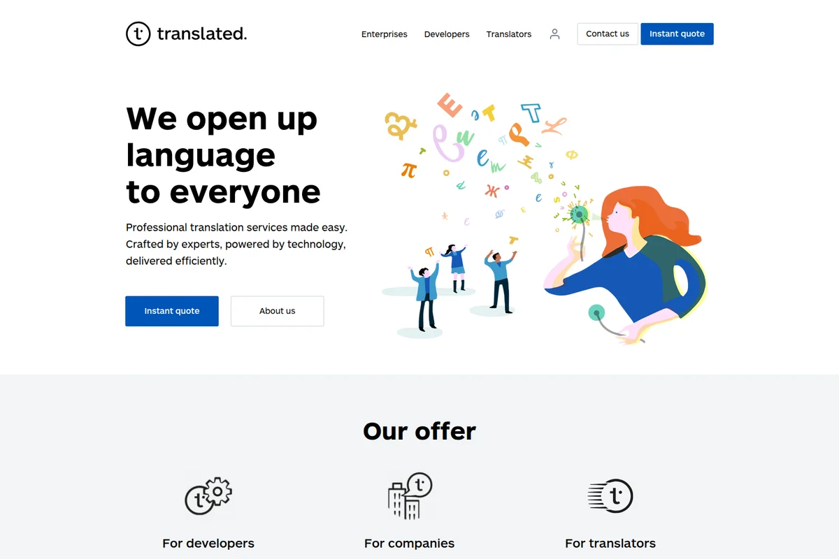 Translated homepage hero showing an illustration of a woman blowing language characters from a dandelion, symbolizing global communication with a clean, modern design.
