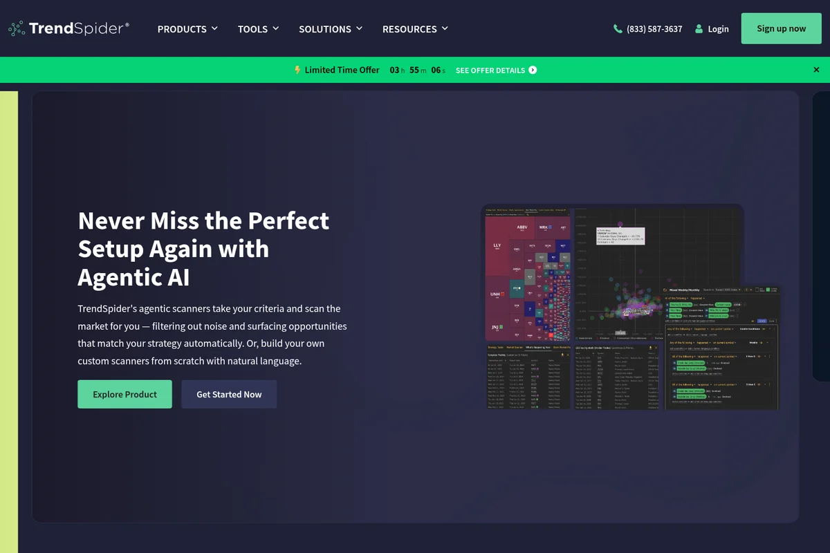 TrendSpider landing page hero showcasing market analysis charts, data visualizations, and AI scanner interfaces with a dark theme.