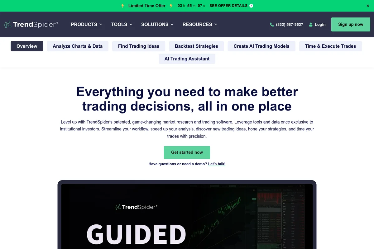 TrendSpider landing page showcasing its comprehensive trading software with a clear navigation and value proposition.