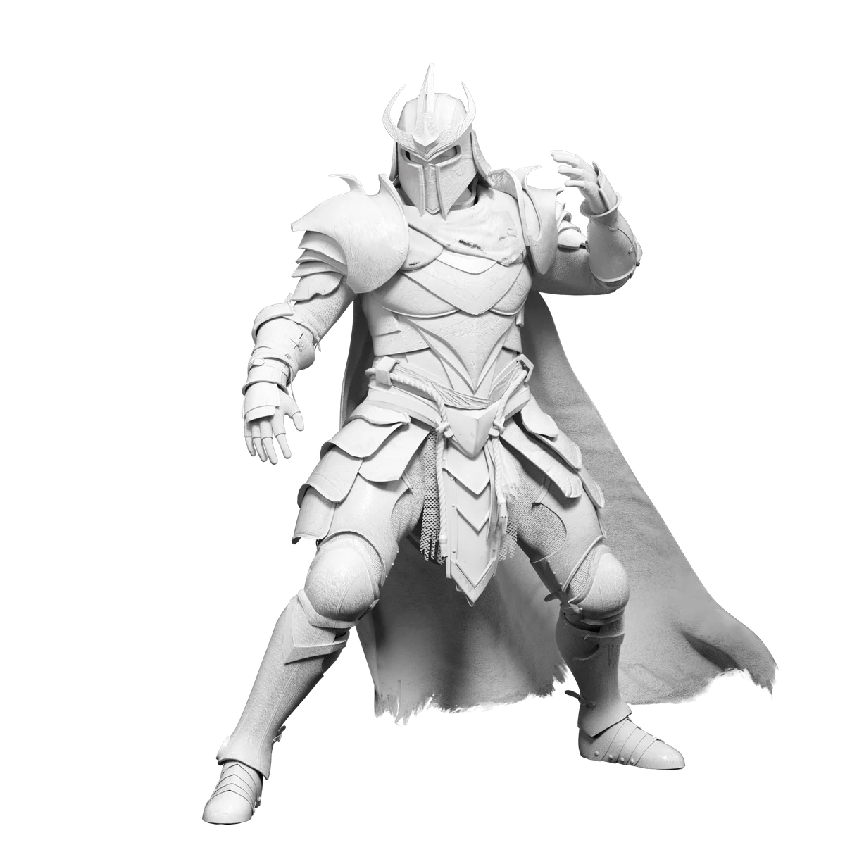 Tripo AI-generated 3D model of an armored fantasy warrior in a dynamic stance with intricate details and a high-fidelity render.