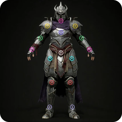 Tripo 3D model analysis showing a detailed armored character with colored articulation points for rigging or animation.