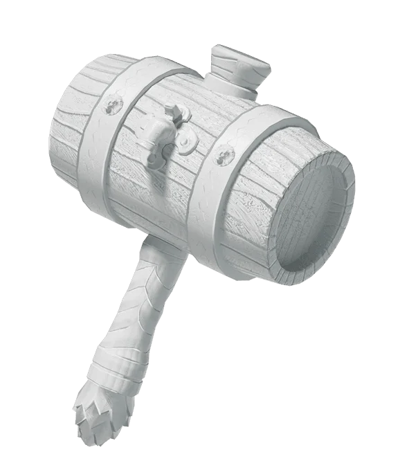 Tripo 3D model output showing a stylized wooden hammer with metal bands and a wrapped handle, rendered in grayscale.