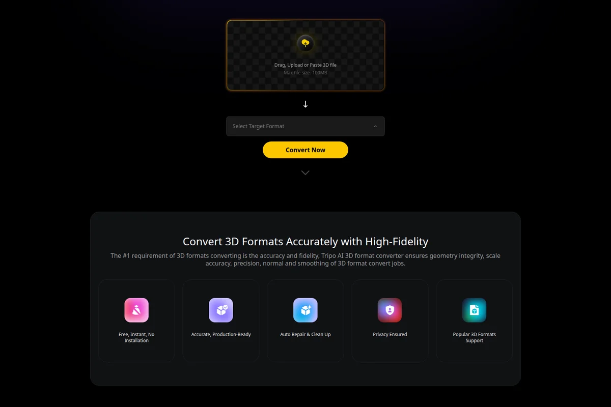 Tripo AI convert page showing 3D file upload with drag-and-drop, target format selection, and a 'Convert Now' button on a dark-theme interface.