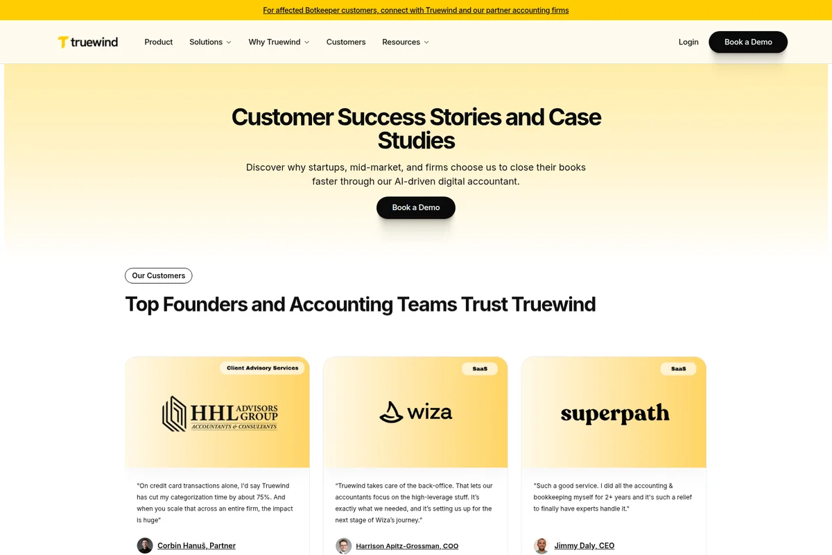 Truewind customer success page showcasing testimonials from HHL Advisors Group, Wiza, and Superpath in a clean, professional design.