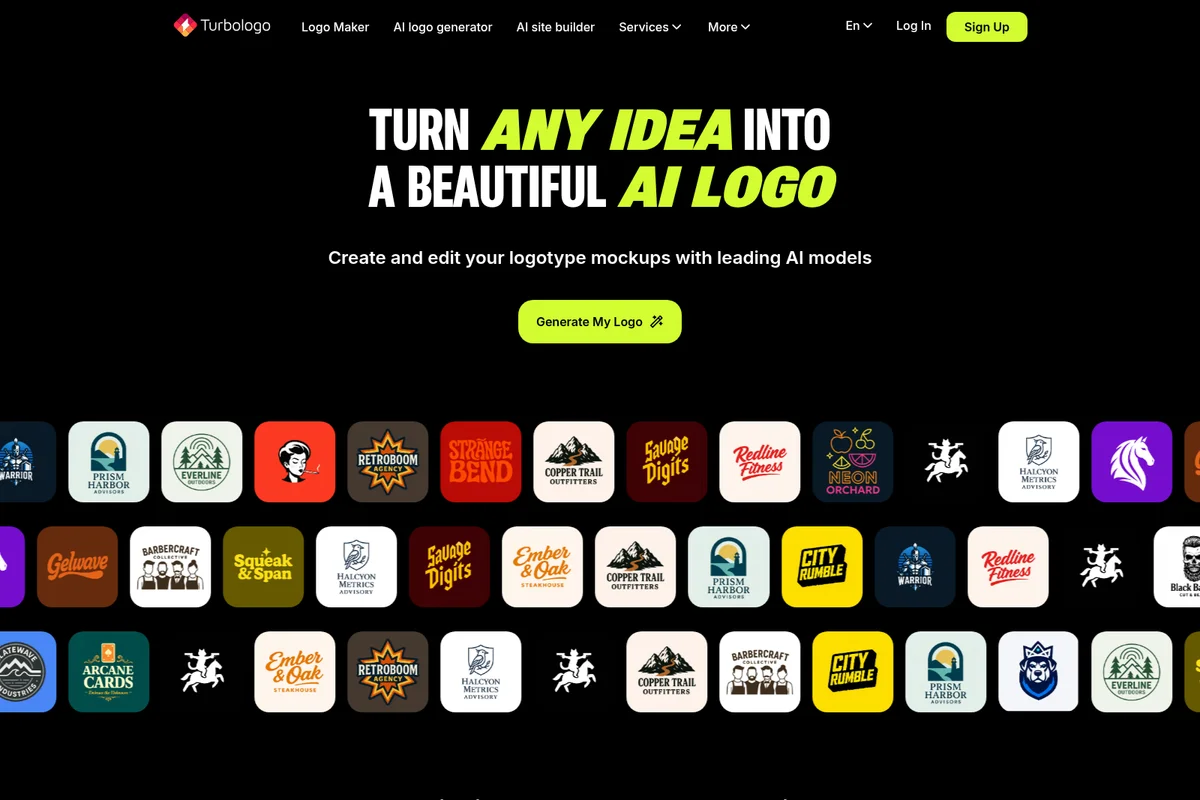 Turbologo landing page showing AI logo generation capabilities with a diverse grid of generated logos and a dark theme interface